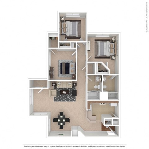 3 bedroom a stylized floor plan with a bedroom and living room